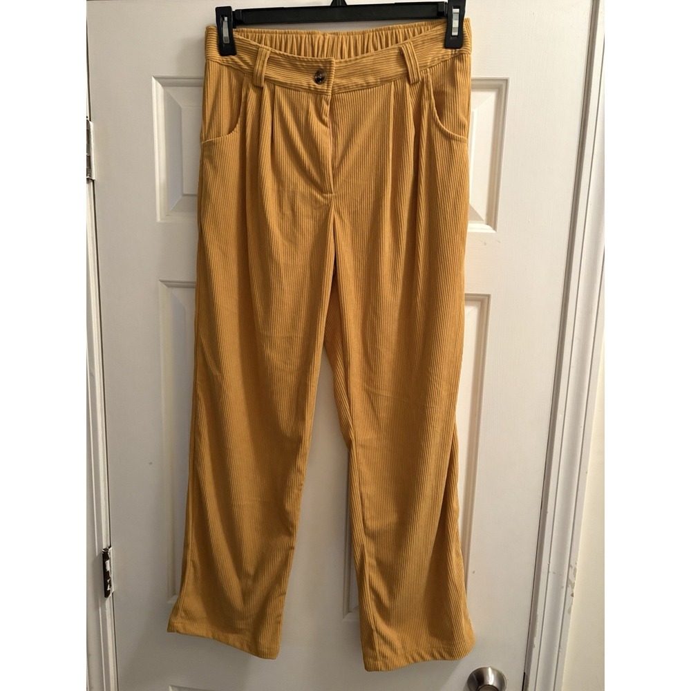 NWT Halara Women's Yellow Corduroy Pants Elastic Waist Button/Zip Straight Leg M